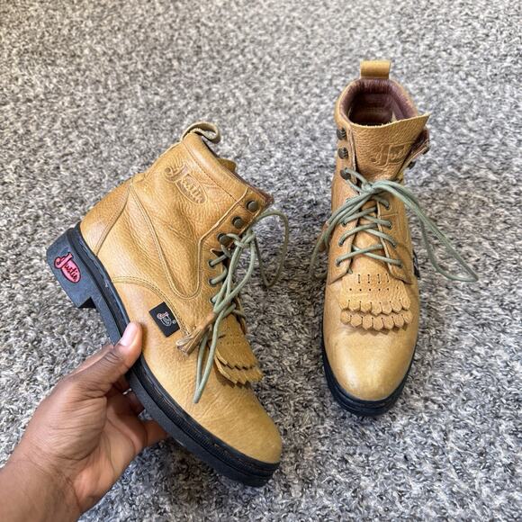 Vintage Justin Roper Tan Brown Leather Lace Up Boots 7.5 B Kiltie Boho Y2K 90s - Picture 1 of 8